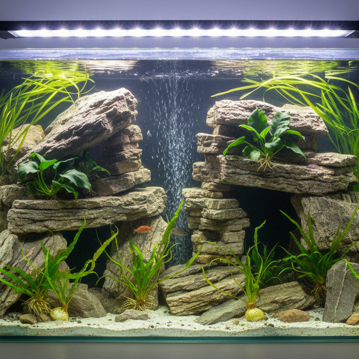 Oost-Afrika cichliden aquascape met rotsen en robuuste planten