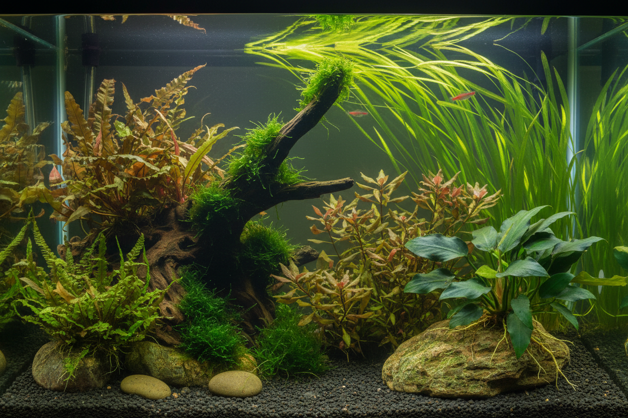 Collectie makkelijke aquariumplanten voor beginners: Anubias, Java Fern, Cryptocoryne en mos