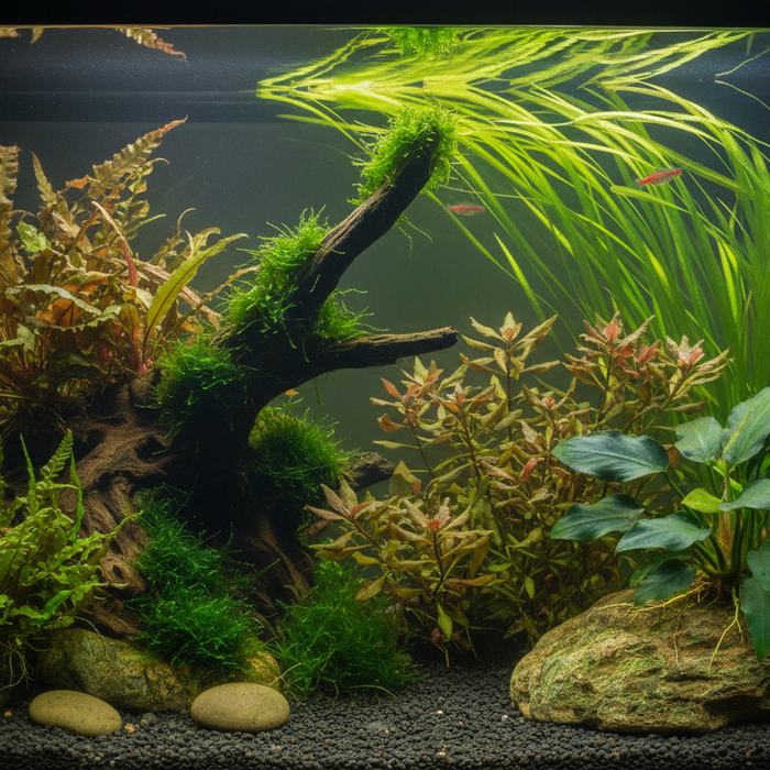 Collectie makkelijke aquariumplanten voor beginners: Anubias, Java Fern, Cryptocoryne en mos