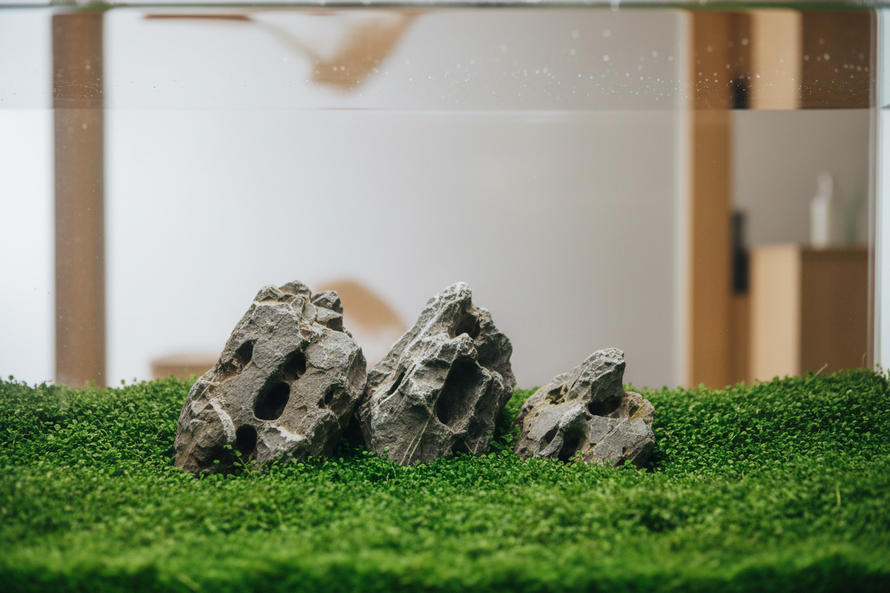 Iwagumi aquascape met Dragon Stone en HC Cuba carpeting plants in minimalistische Japanse stijl