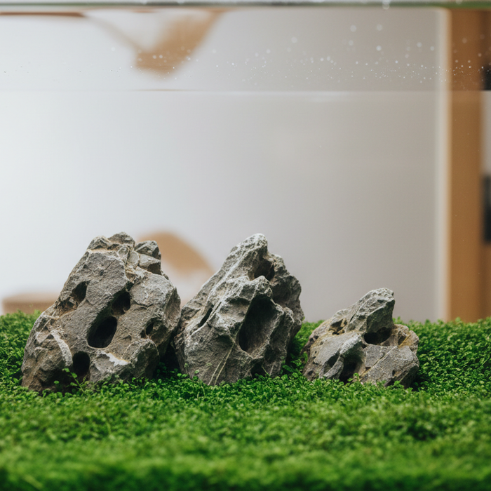 Iwagumi aquascape met Dragon Stone en HC Cuba carpeting plants in minimalistische Japanse stijl