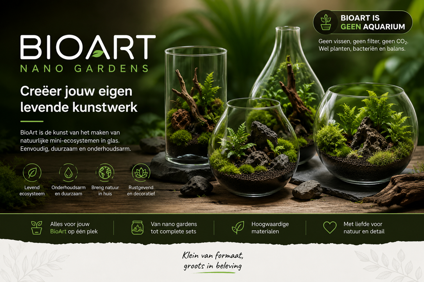 BioArt nano gardens met glazen miniatuurlandschappen van planten, mos, hout en stenen
