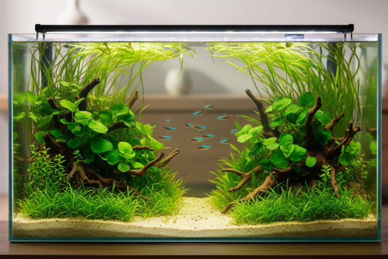 Gezelschapsaquarium beplant met een gevarieerde plantenmix voor de voor-, midden- en achterzone