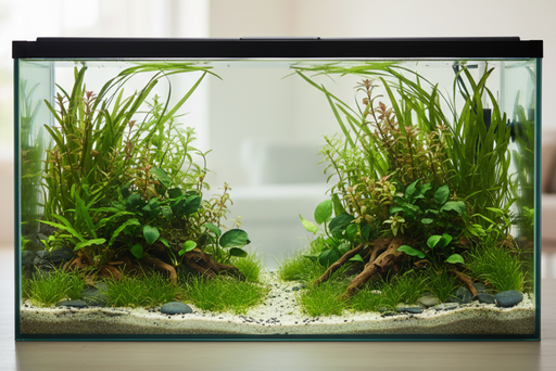 Koudwateraquarium beplant met een gevarieerde plantenmix voor de voor-, midden- en achterzone