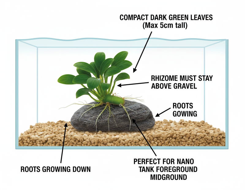 Anubias Nana Mini bevestigen - instructie nano aquarium dwerg aquascaping
