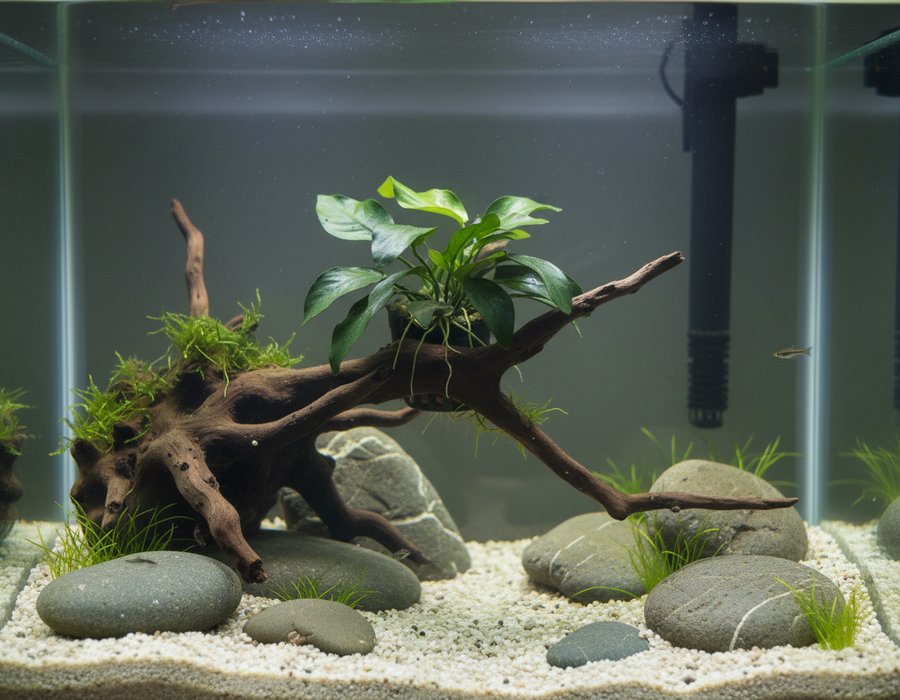 Anubias Nana dwerg speerblad in nature aquarium iwagumi aquascape voorzone