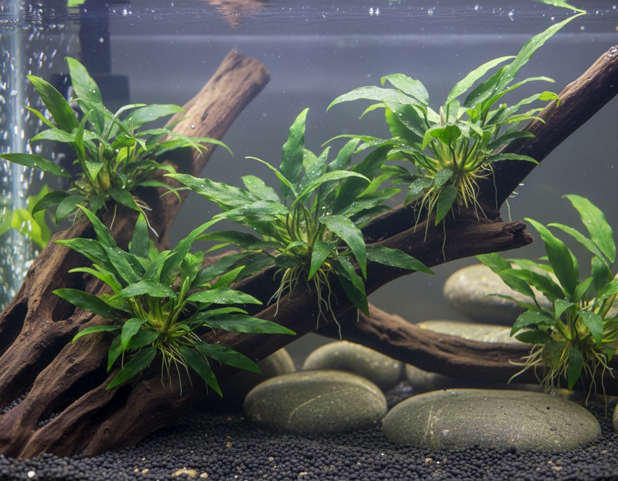 Anubias Minima op drijfhout - elegante langwerpige bladeren aquariumplant