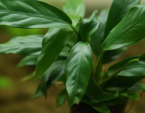 Anubias Minima close-up - sierlijke smalle puntige bladeren diepgroen
