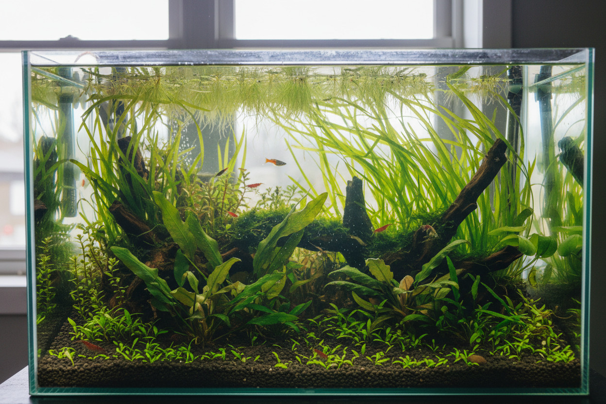 Weelderig aquarium na groei